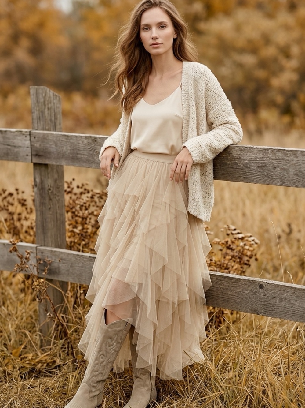 Romantic Cream Layered Ruffle Maxi Skirt